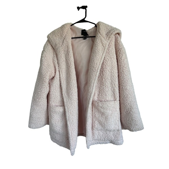 Forever‎ 21 Pink Sherpa Hooded Open Front Cardigan Sweater Large - Picture 2 of 6